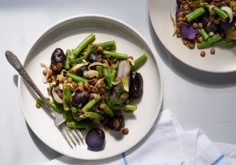 Purple Potato Salad with Green Beans and Red Wine Braised Lentils