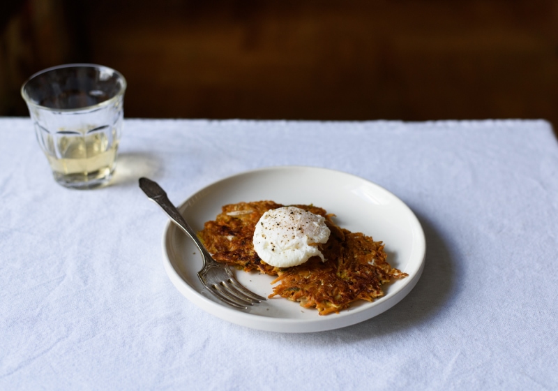 Savory Vegetable-Kimchi Pancakes with Poached Eggs