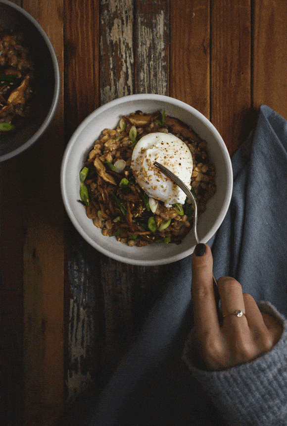 Savory Porridge with Miso, Shiitake Bacon and Poached Eggs | Savory Breakfast Ideas | The New Baguette