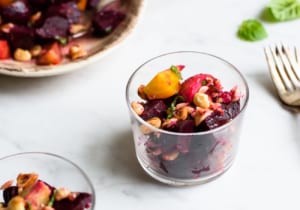 Rainbow Beets with Hazelnuts and Basil in small glass cups