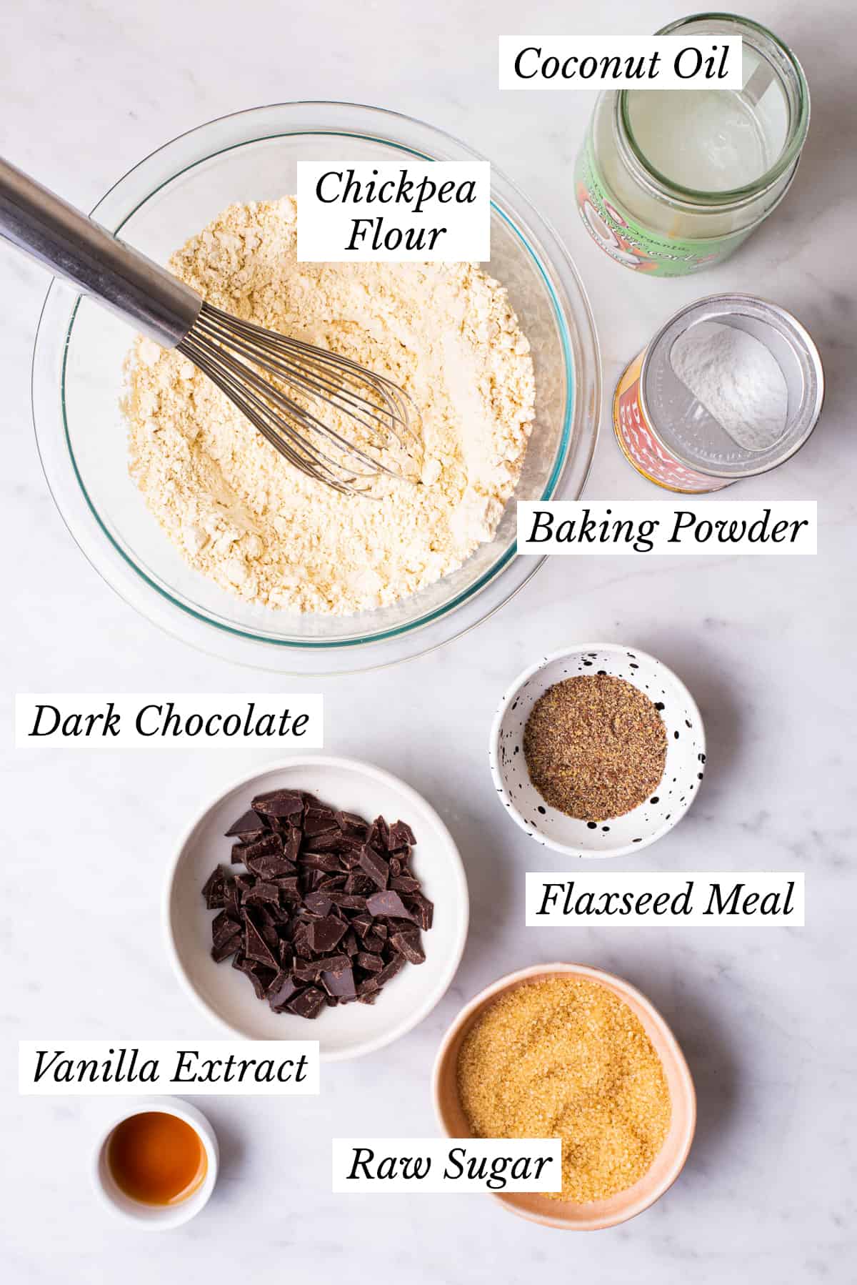 Ingredients gathered to make vegan chickpea chocolate chip cookies.