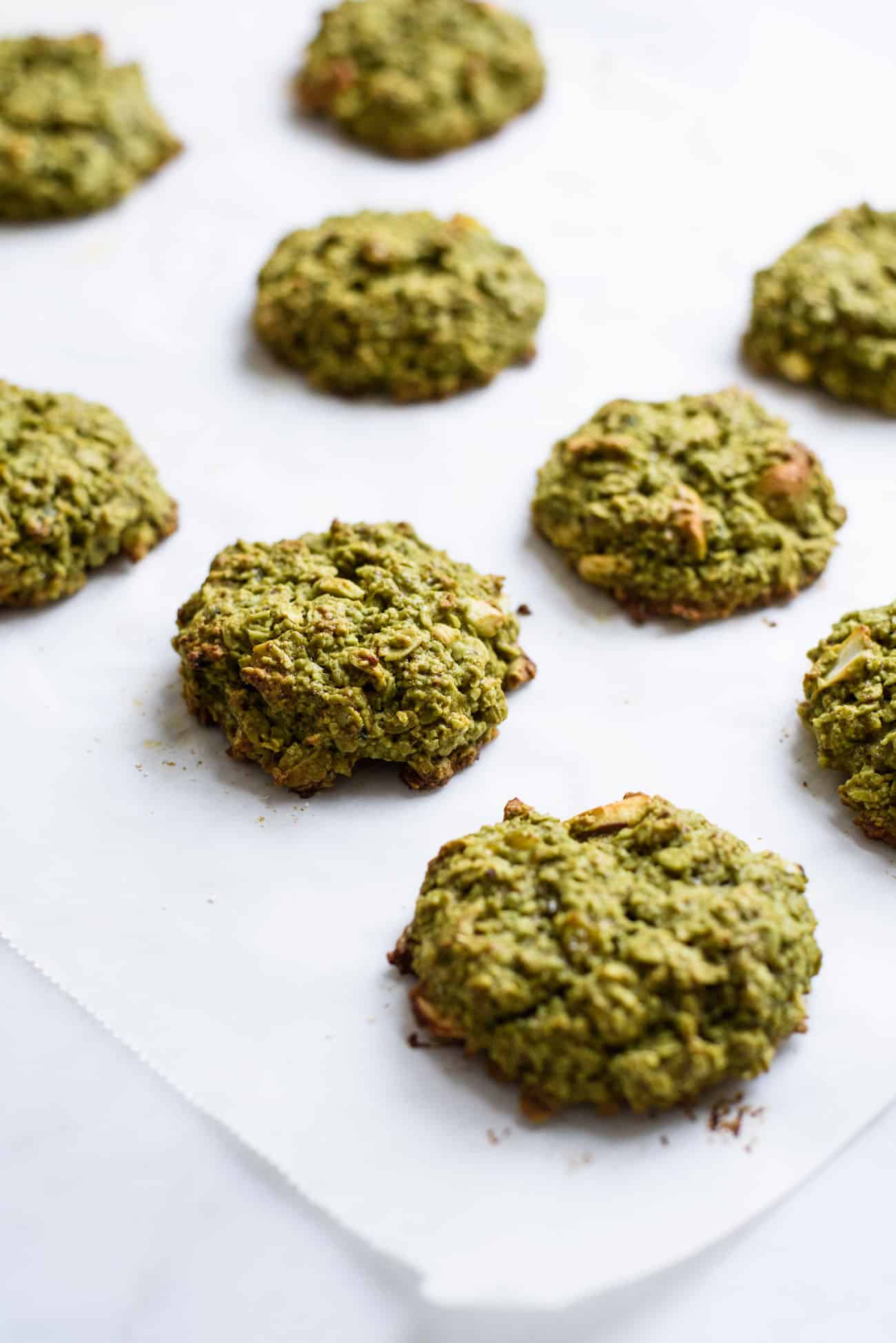 Matcha Oatmeal Cookies on white parchment paper