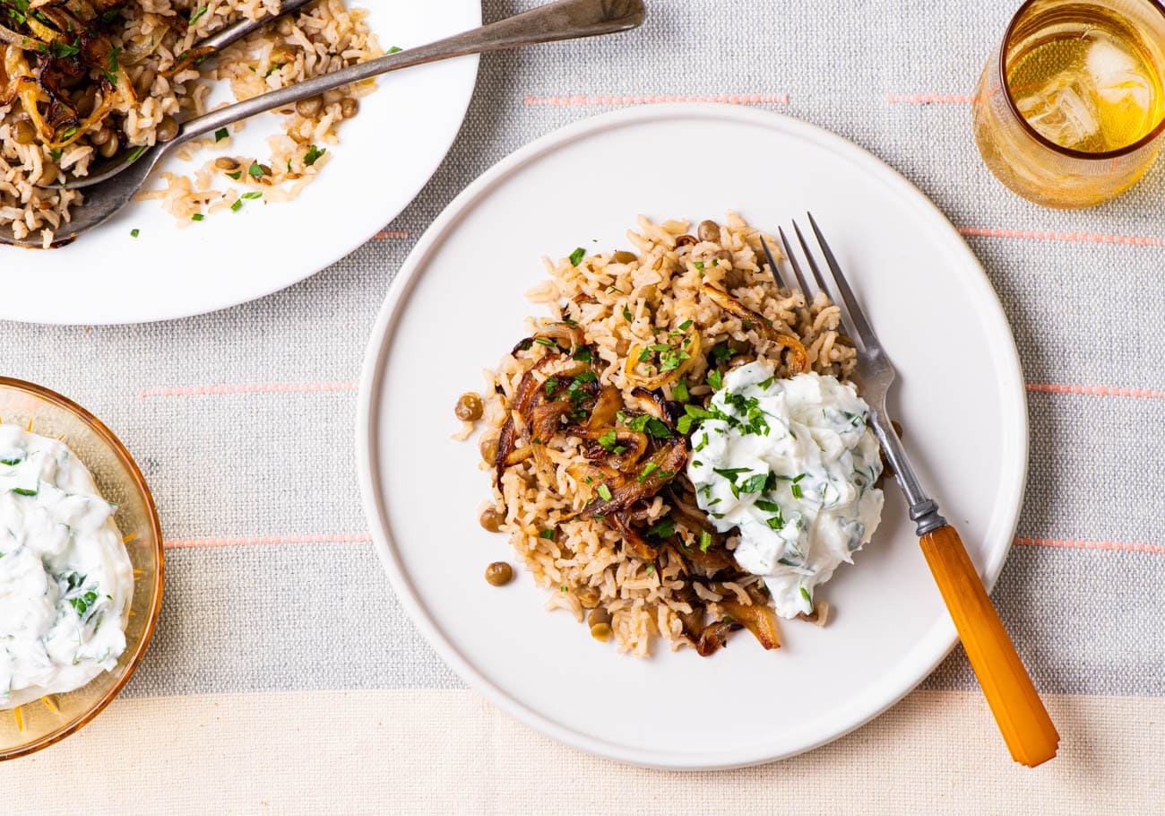 Palestinian Mujadara Recipe (brown rice and lentils with fried onions)