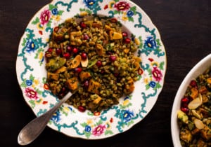 Farro salad with pesto and sweet potatoes on a vintage floral plate