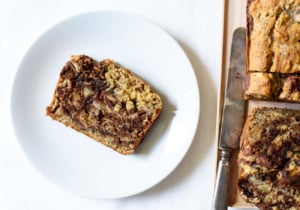 Vegan marble banana bread on a while plate