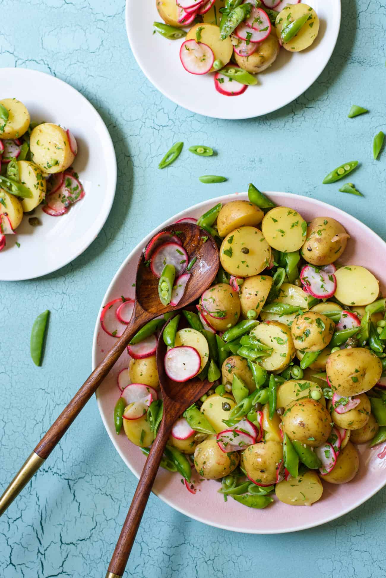 Mayo-less potato salad with radishes and sugar snap peas