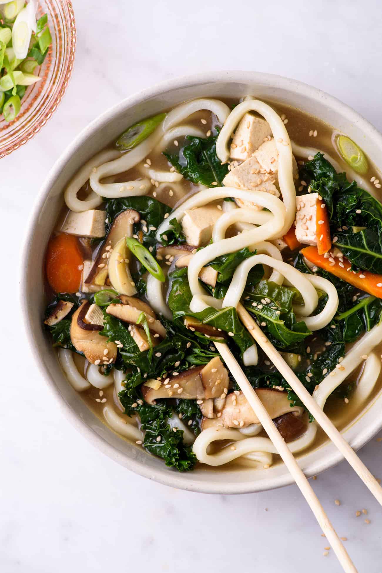 Close-up of bowl of sick day soup with noodles, tofu, kale and shiitakes