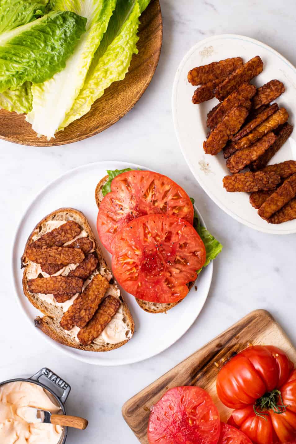 Work-from-home lunch ideas - Open-faced vegan BLT sandwich with tempeh bacon