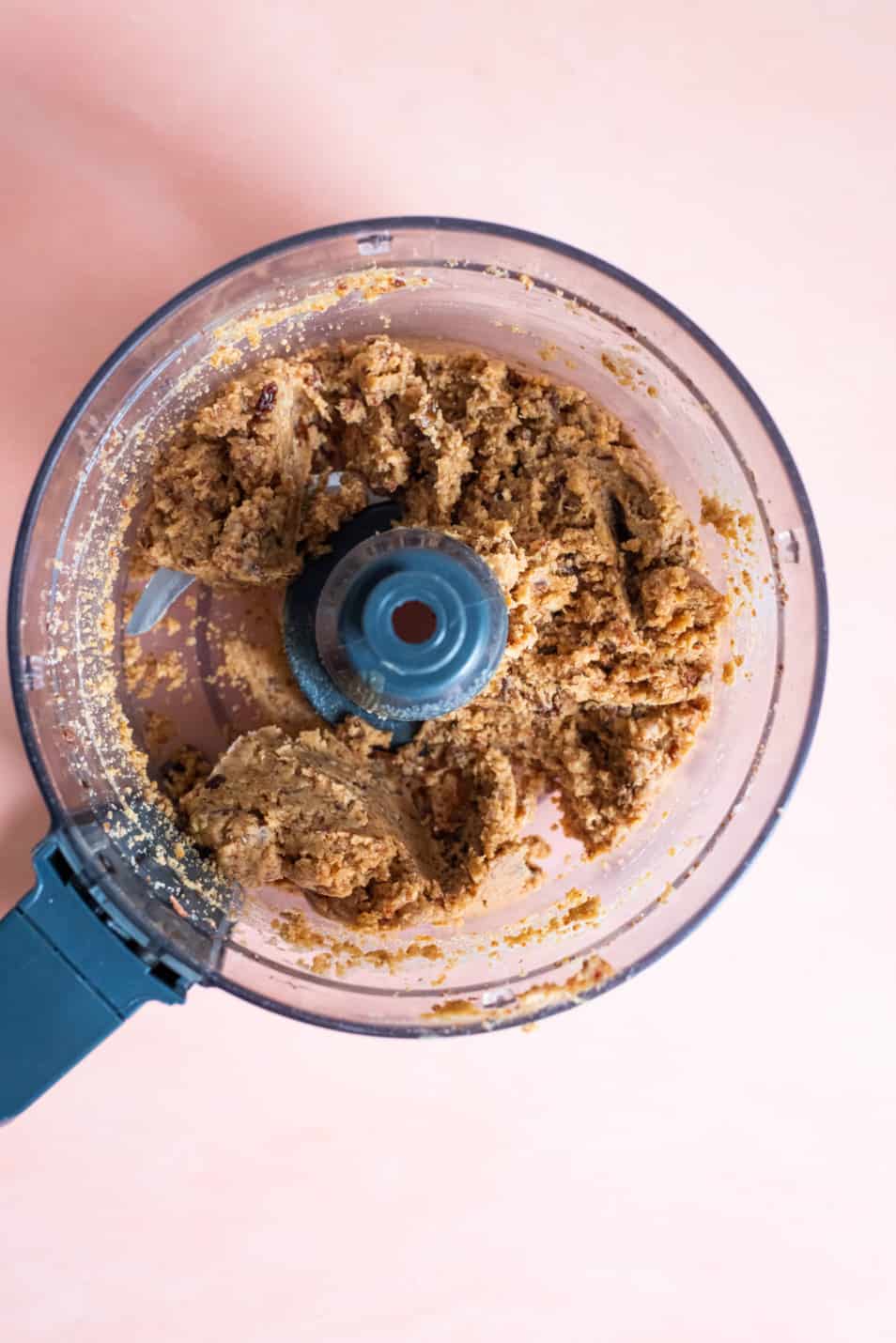Peanut butter and dates blended together in a food processor