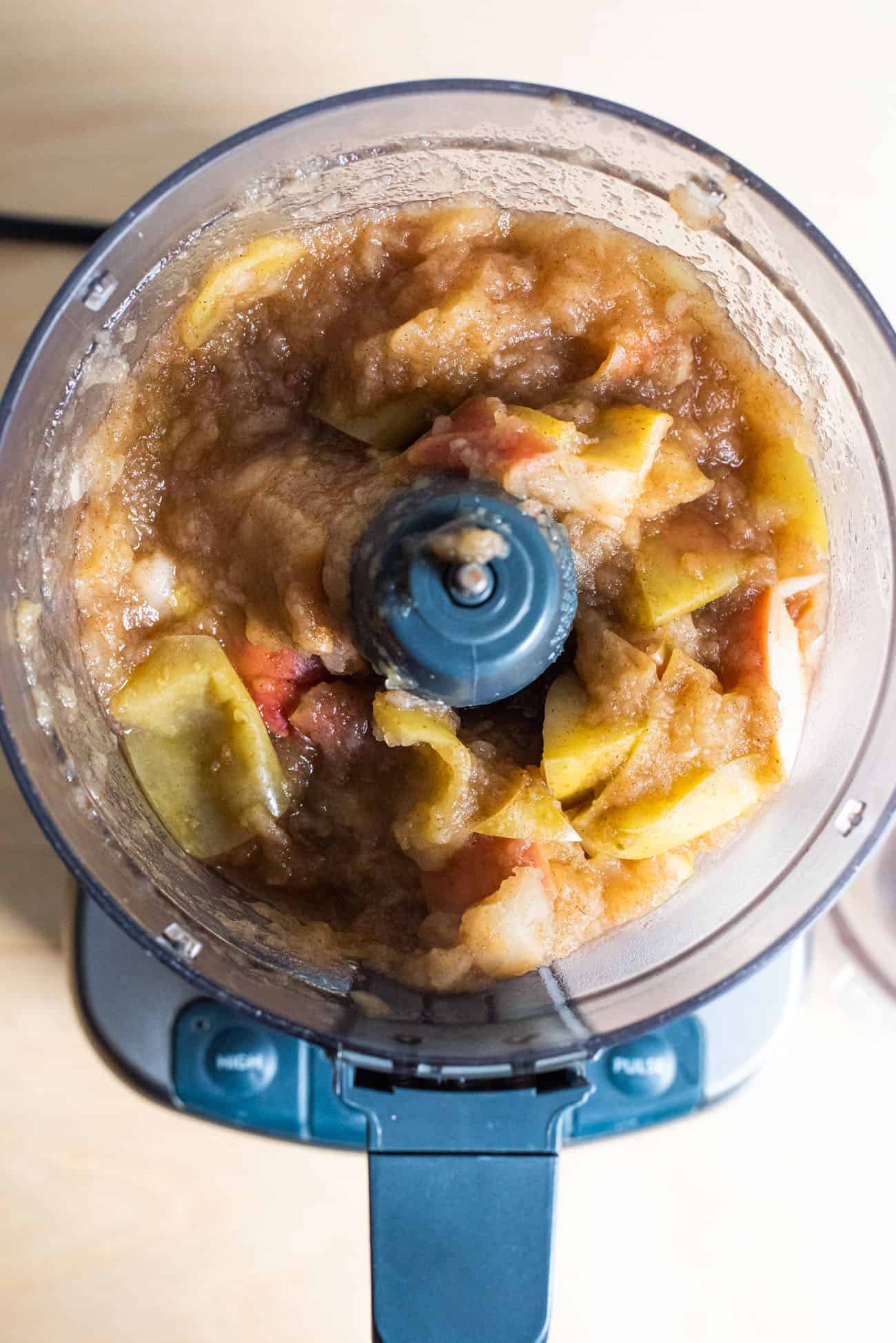 Cooked apples in a food processor.