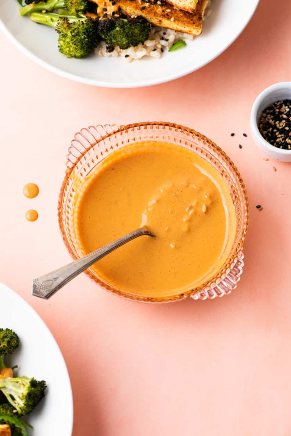 Peanut sauce in a vintage pink glass bowl
