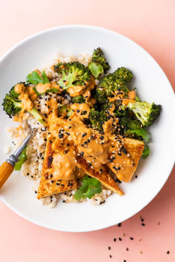 Crispy Tofu Bowl with Brown Rice, Roasted Broccoli, and Peanut Sauce