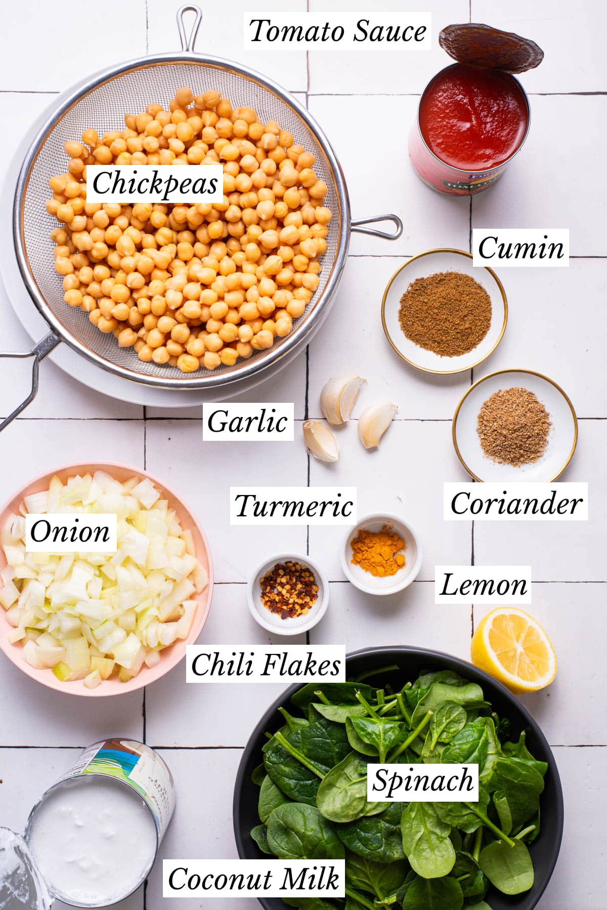 Ingredients gathered to make Indian-inspired vegan chickpea spinach curry.