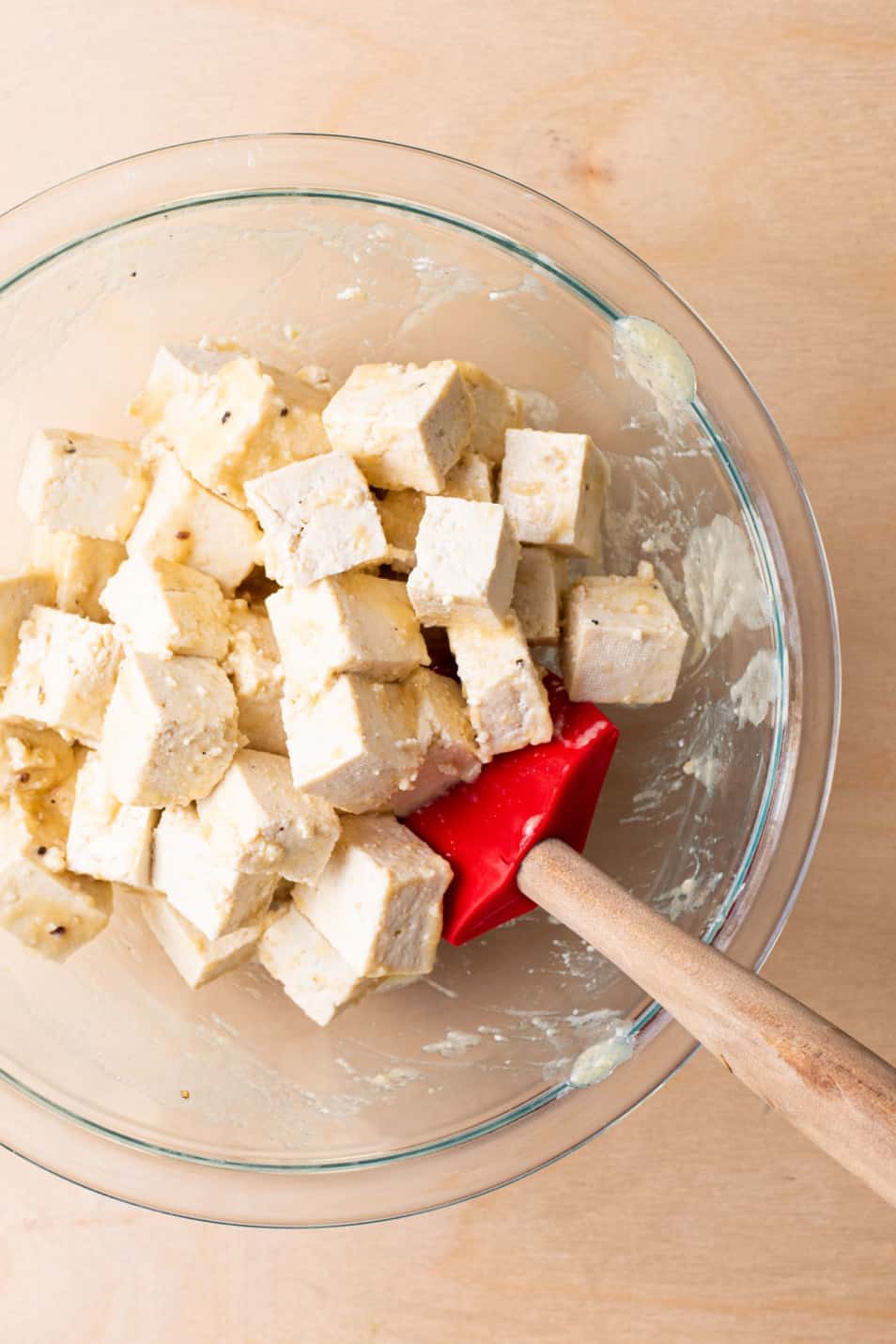 Cubes of tofu marinating with miso and lemon