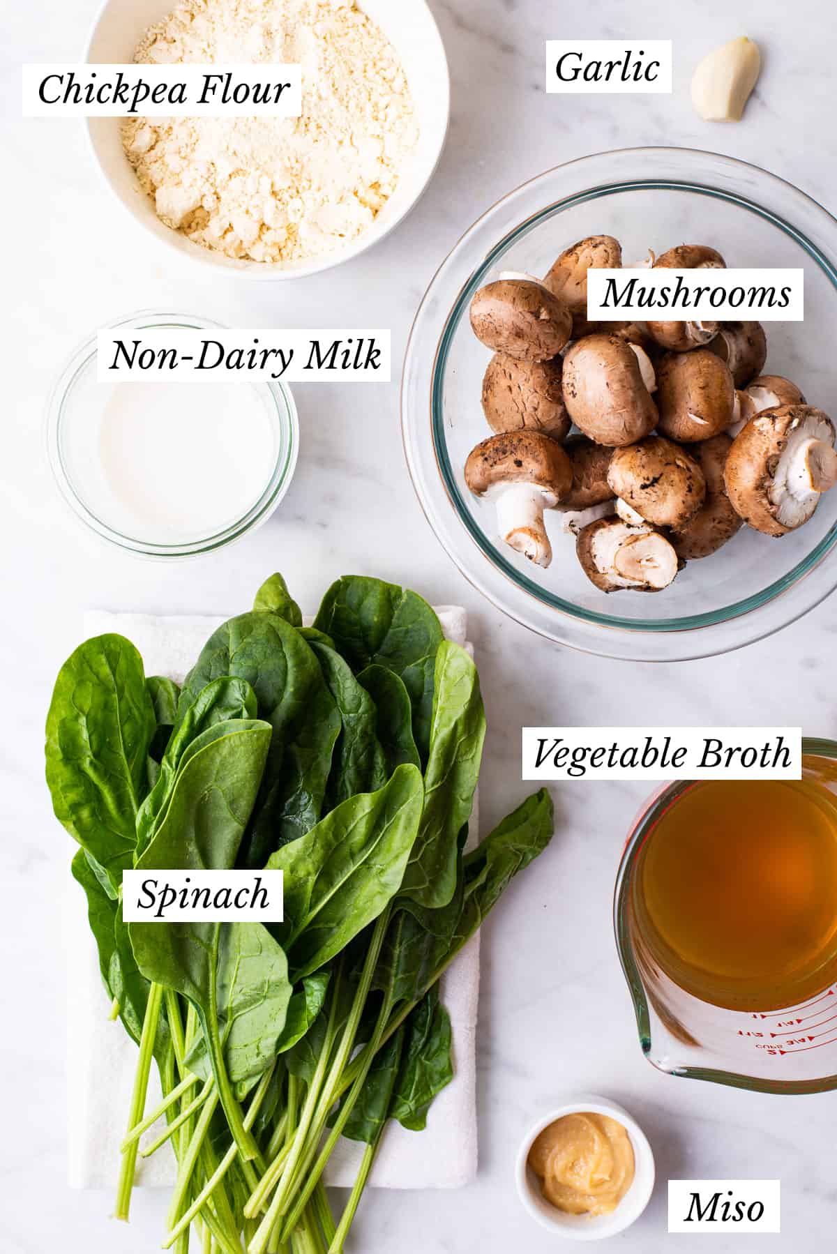 Ingredients gathered to make socca with spinach-mushroom filling.