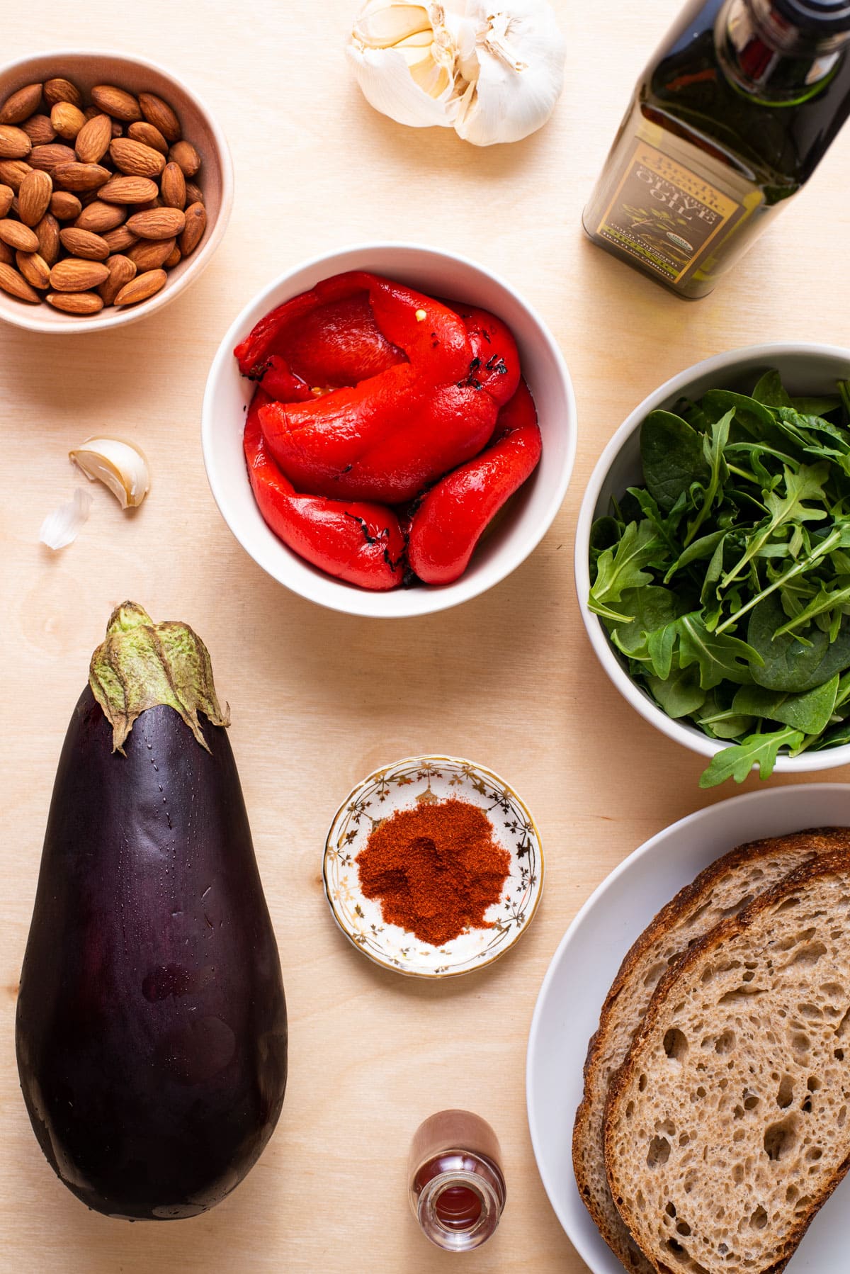 Ingredients gathered to make vegan eggplant sandwiches.
