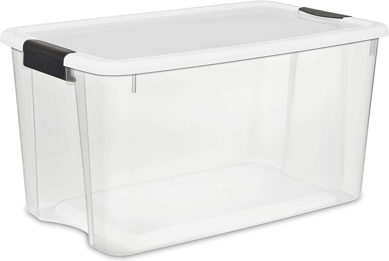 Clear plastic bin with a lid.