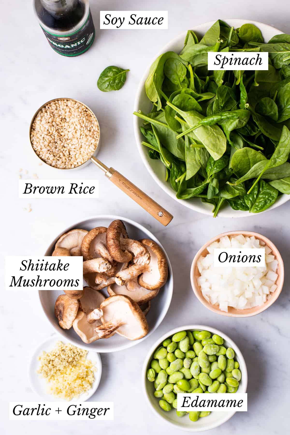 Ingredients gathered to make vegan congee with vegetables.
