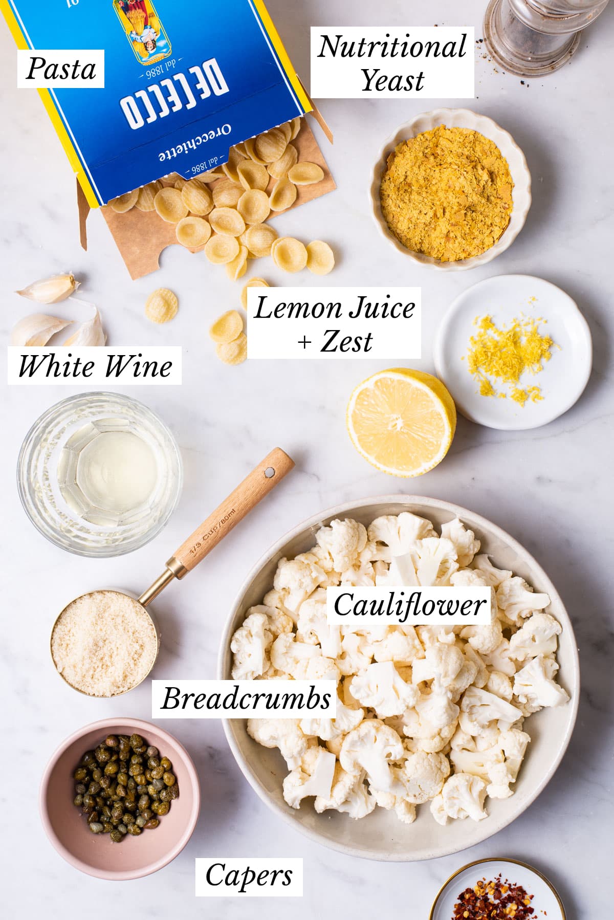 Ingredients gathered to make lemony pasta with cauliflower and fried breadcrumbs.