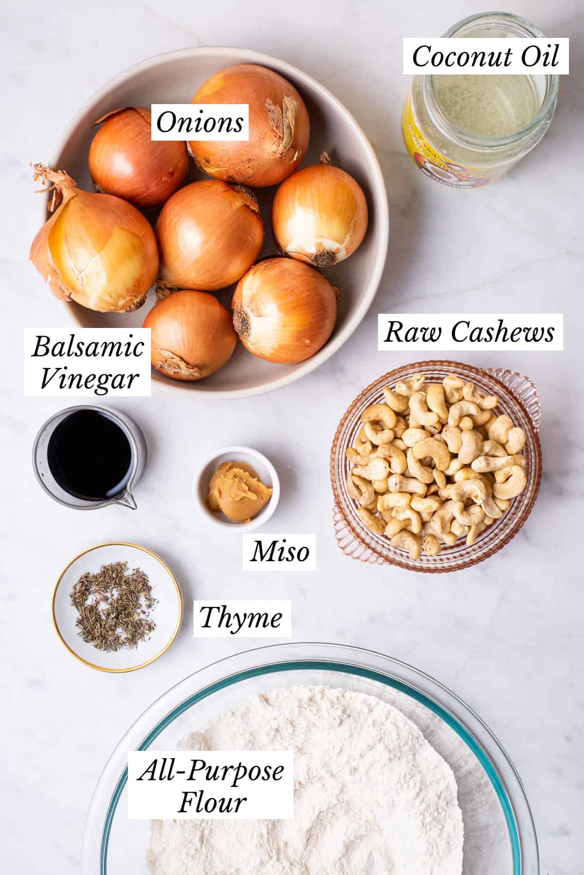 Ingredients gathered to make a vegan caramelized onion galette.