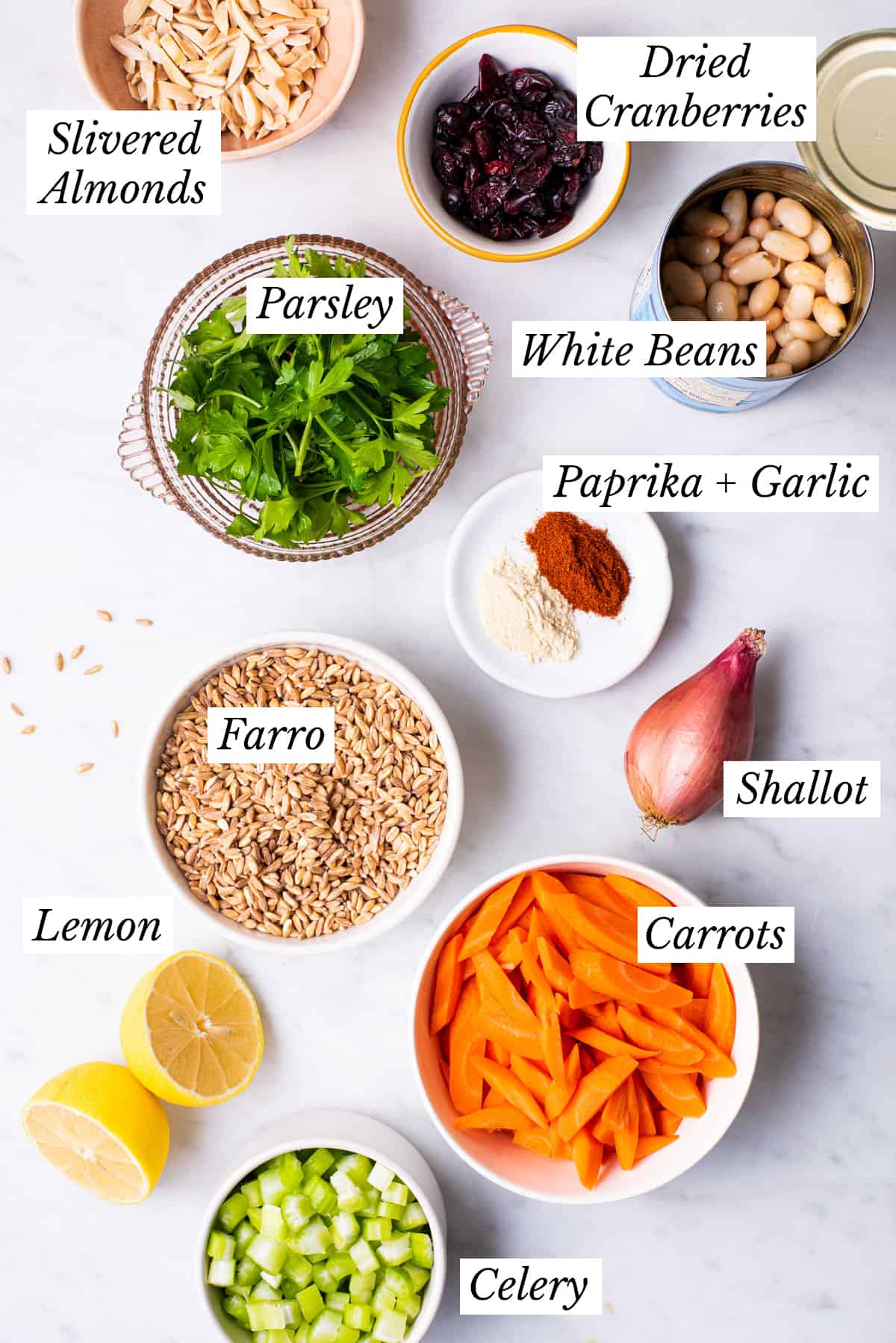 Ingredients gathered to make a fall farro salad.