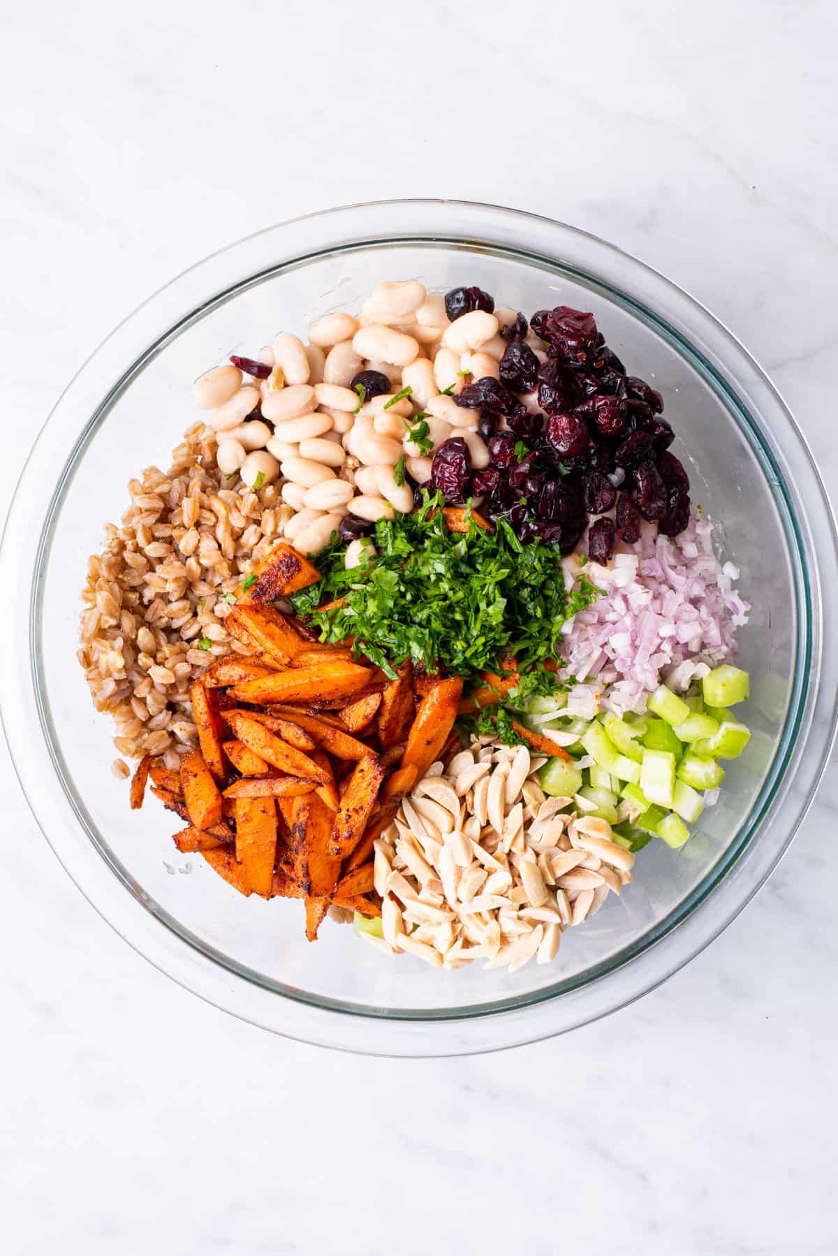 Farro, sauteed carrots, white beans, dried cranberries, celery, shallot, and parsley in a glass bowl.