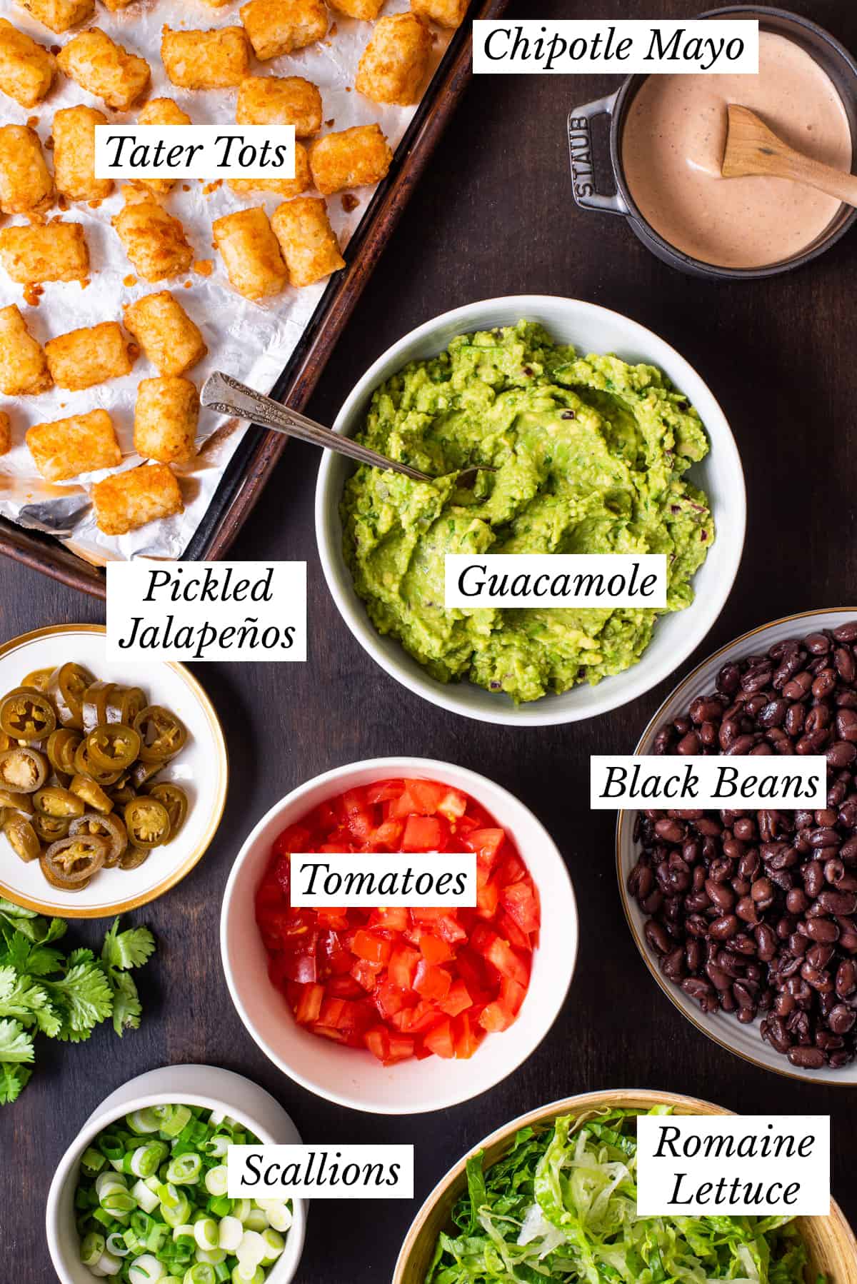 Ingredients gathered on a dark wooden table to make vegan tater tot nachos. 