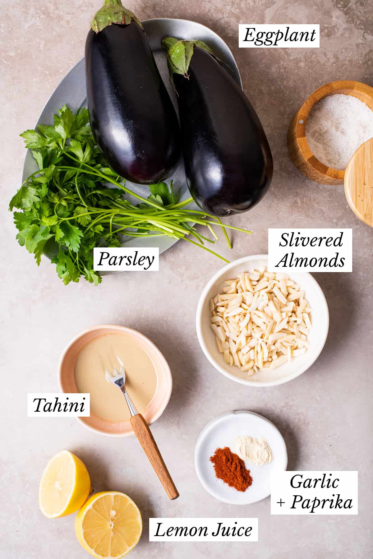 Ingredients gathered to make Ottolenghi eggplant with tahini sauce.