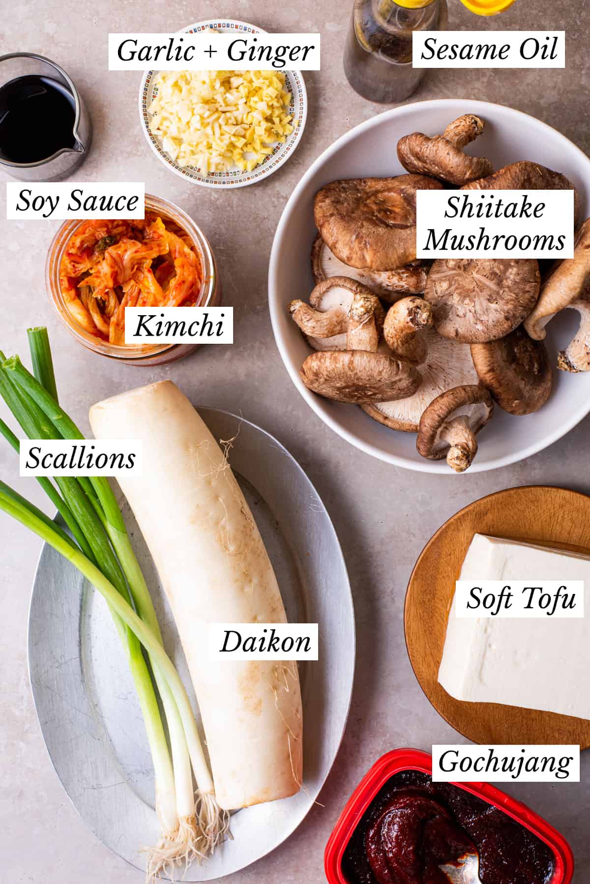 Ingredients gathered to make vegan tofu kimchi stew.