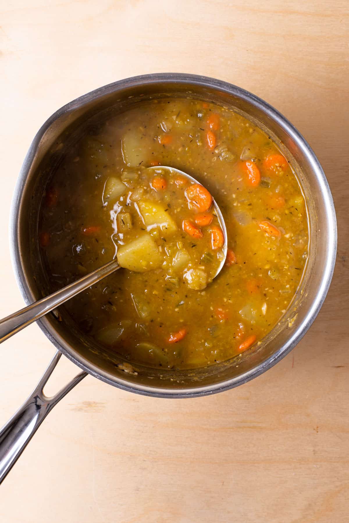 Vegan pea soup in a pot.