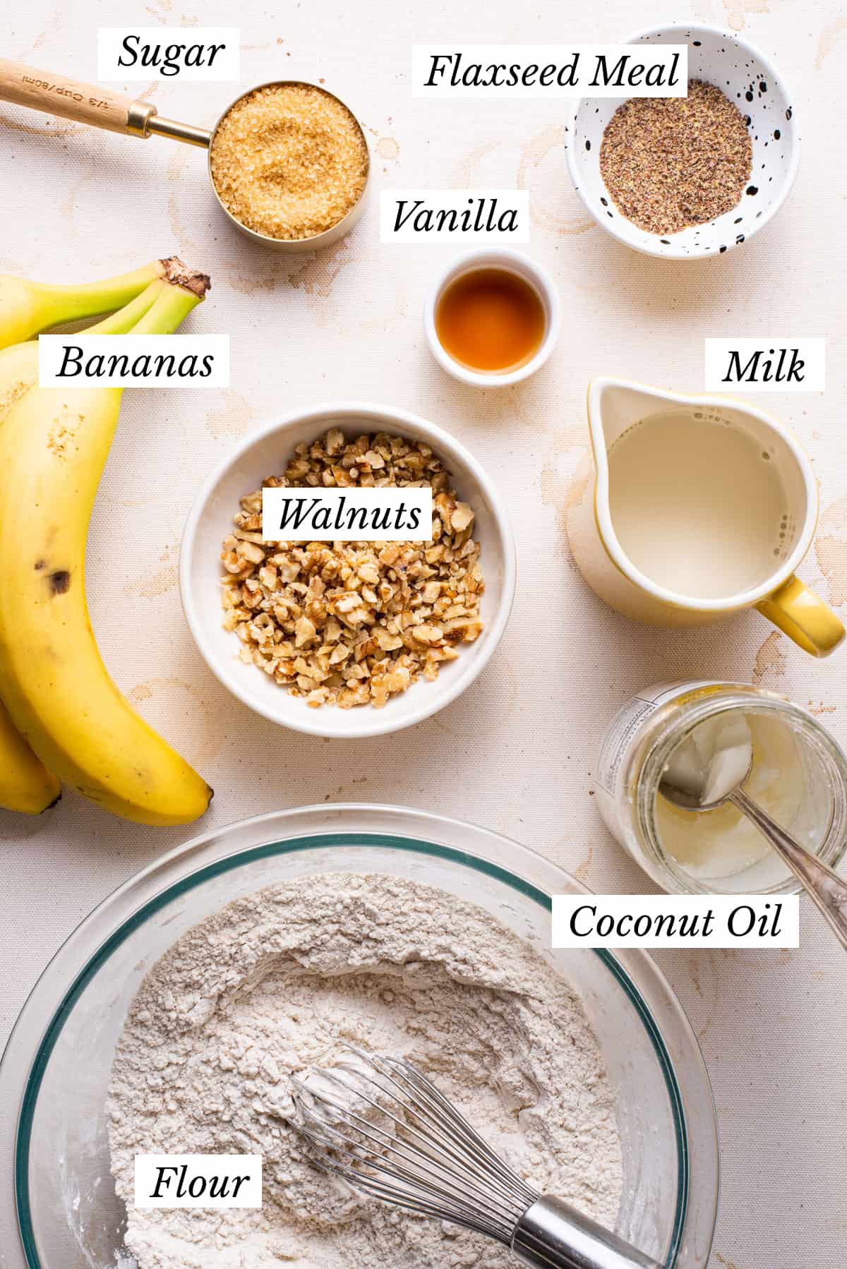 Ingredients gathered to make vegan banana bread.