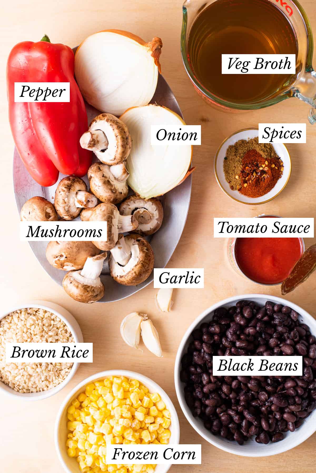 Ingredients gathered to make a baked Mexican rice.
