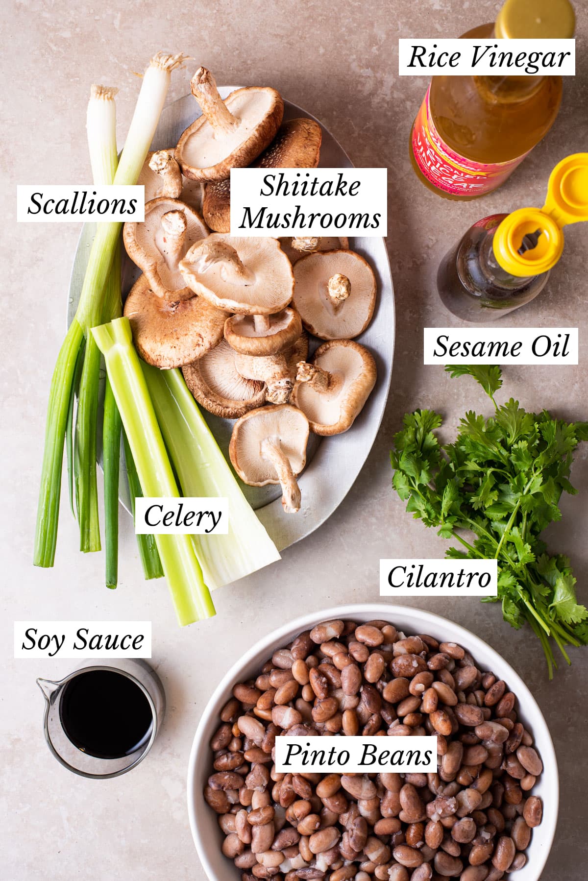 Ingredients gathered to make a pinto bean salad with shiitakes and herbs.