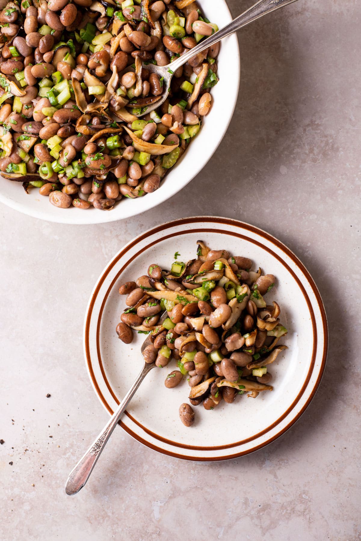 Vegan pinto bean salad in a white bowl and served on a brown-rimmed plate.