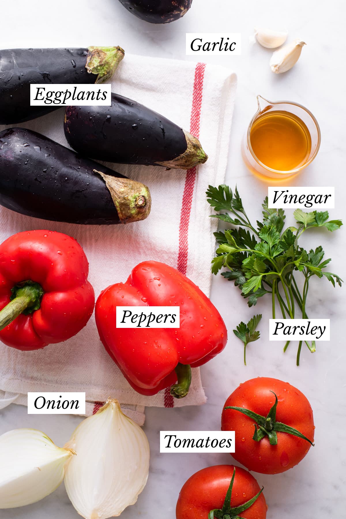 Ingredients gathered on a marble table to make Ukrainian eggplant ikra.