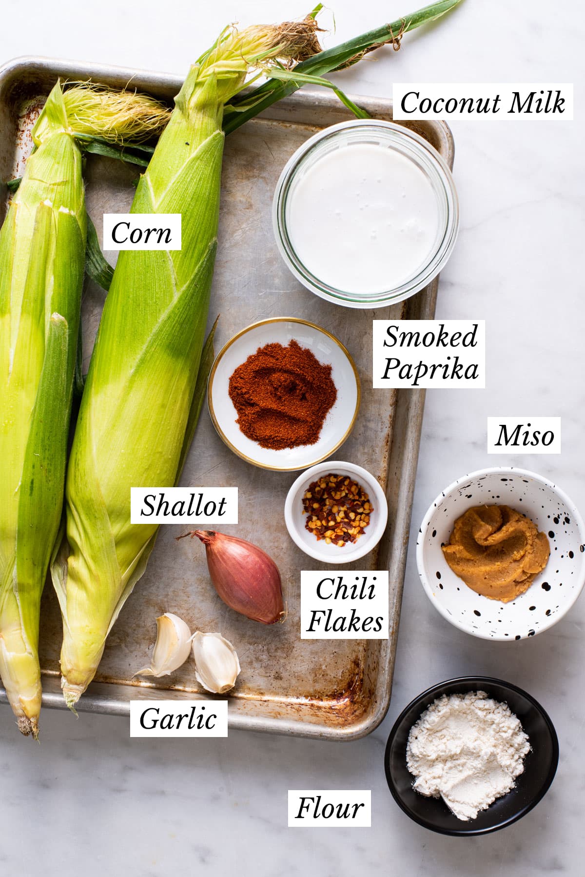 Ingredients gathered to make vegan creamed corn.