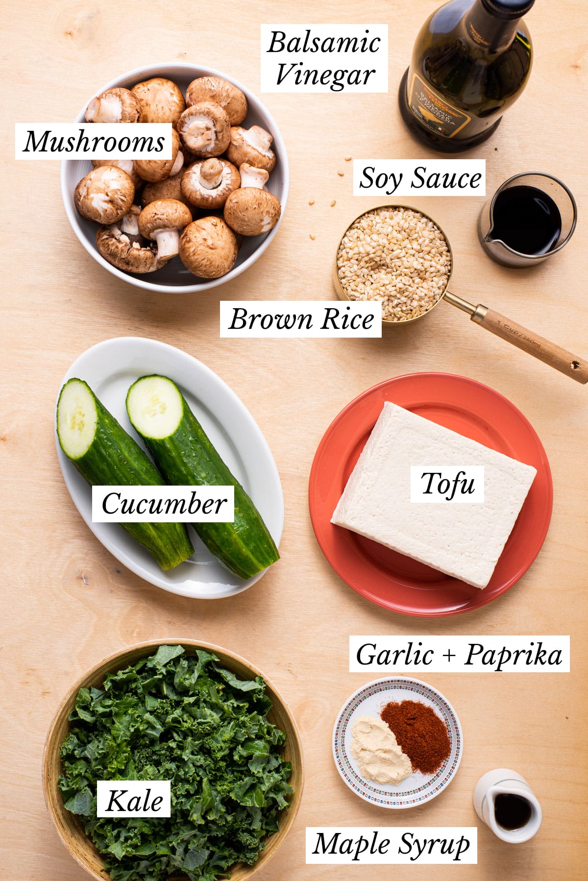 Ingredients gathered to make vegan tofu rice bowls.