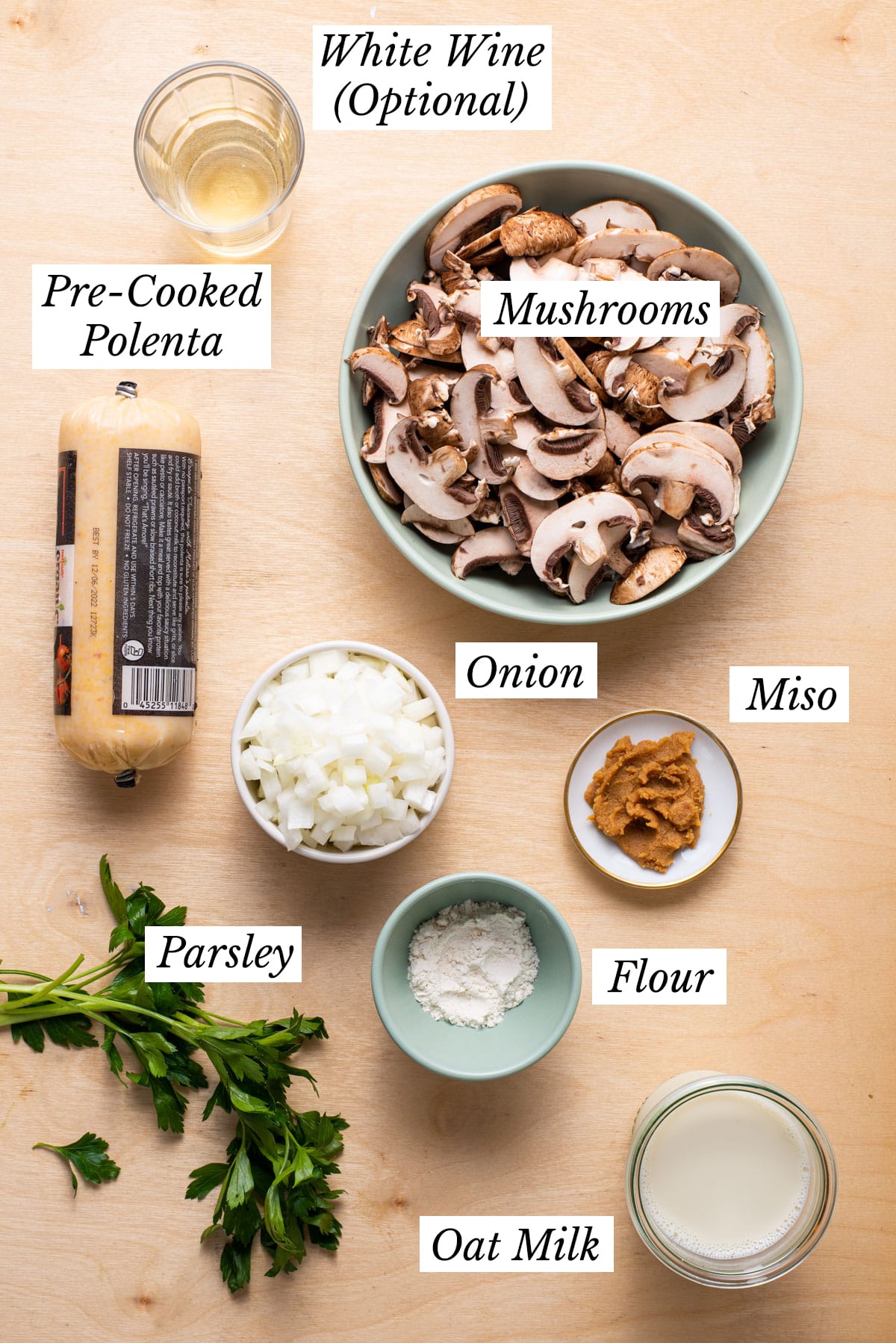 Ingredients gathered to make baked polenta rounds with creamy mushroom sauce.