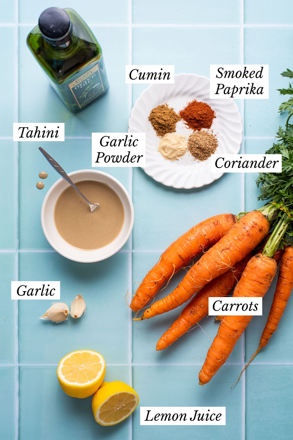 Ingredients gathered to make spiced roasted carrots with tahini.