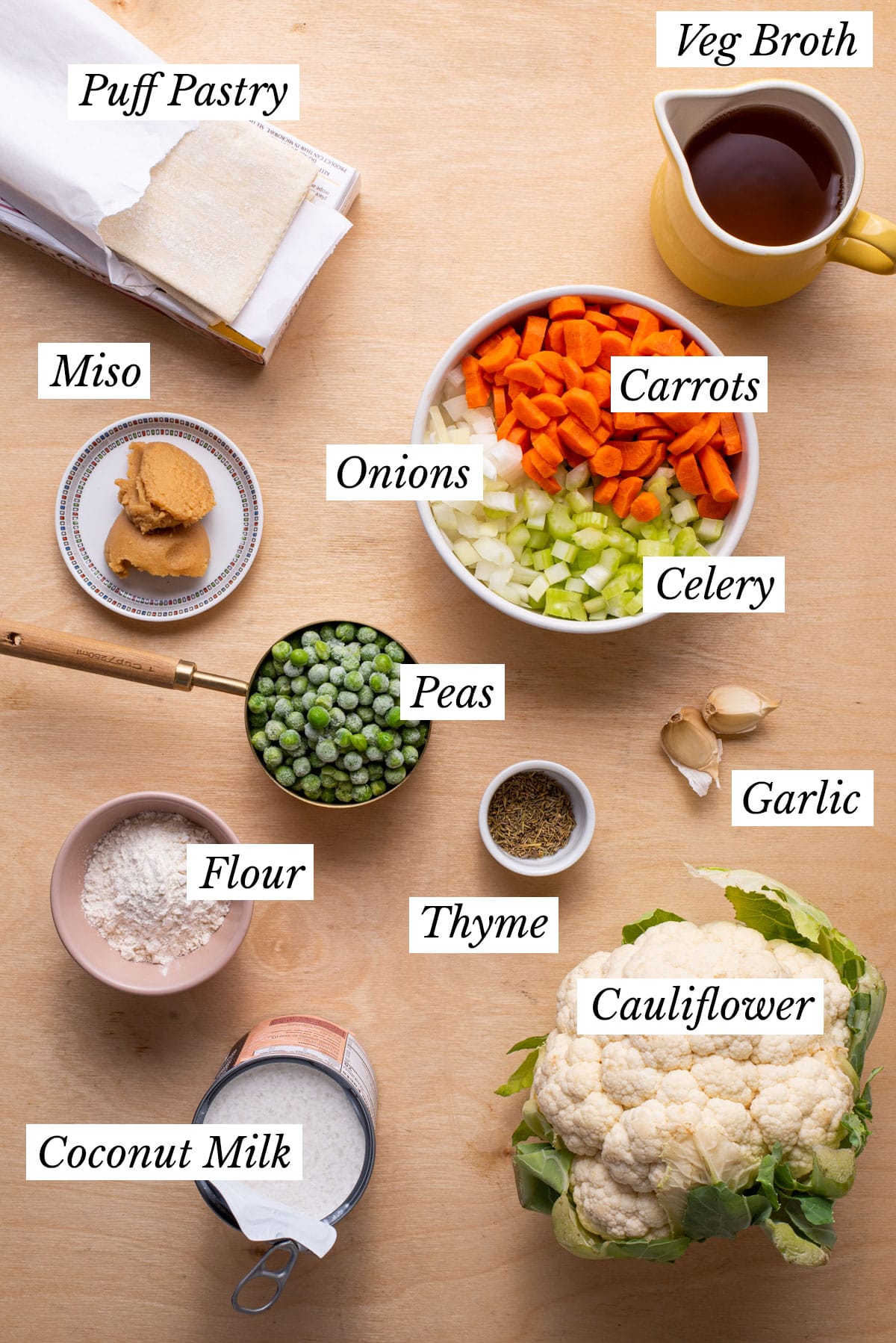 Ingredients gathered to make vegan pot pie with cauliflower.