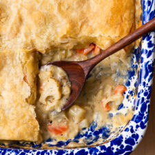 Vegan pot pie with cauliflower and golden brown puff pastry.