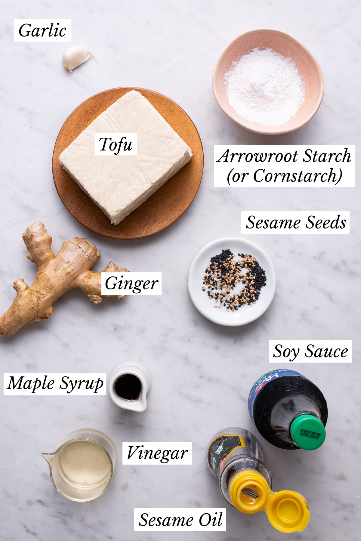 Ingredients gathered to make sesame garlic tofu.