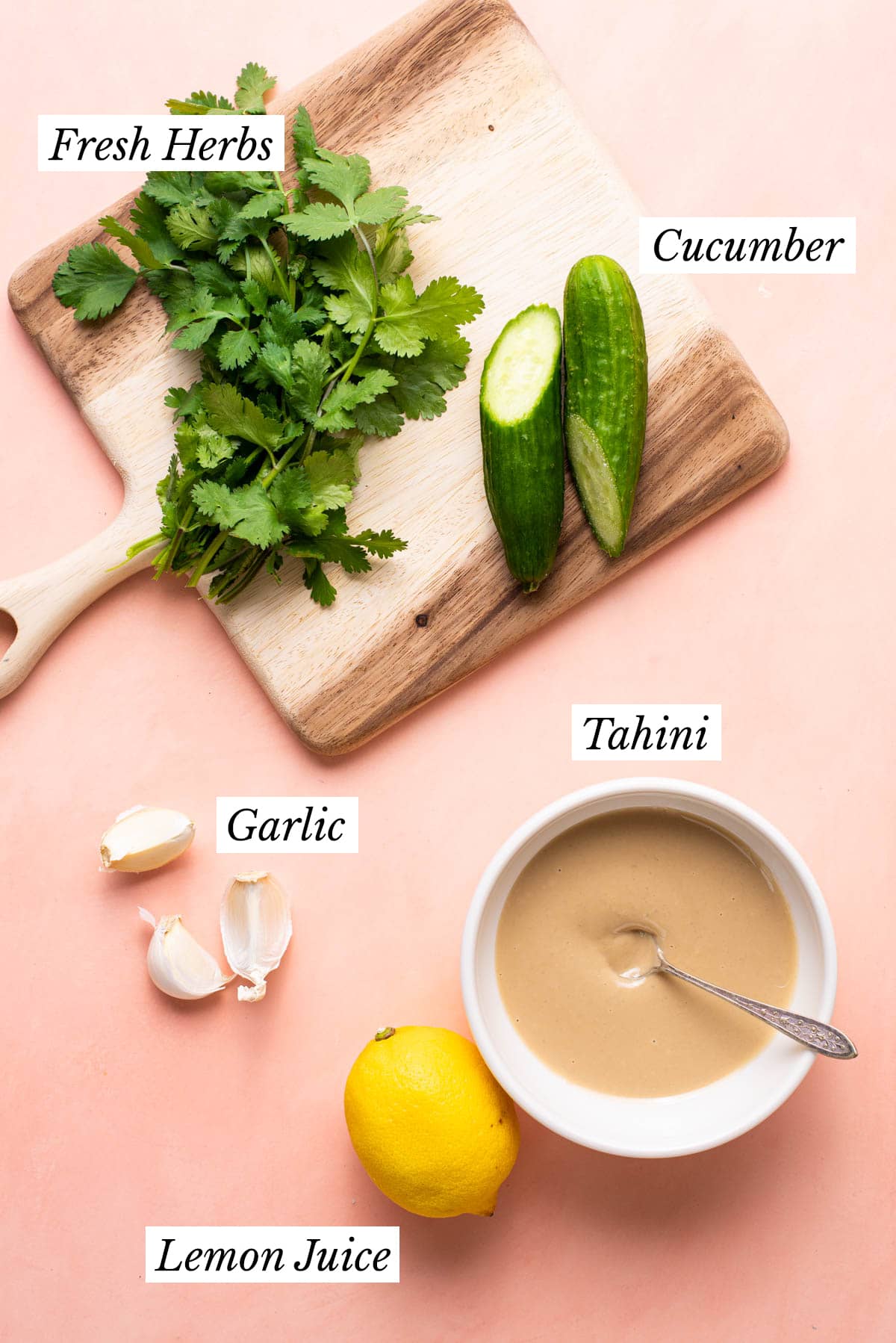 Ingredients gathered to make dairy-free tzatziki sauce with tahini.