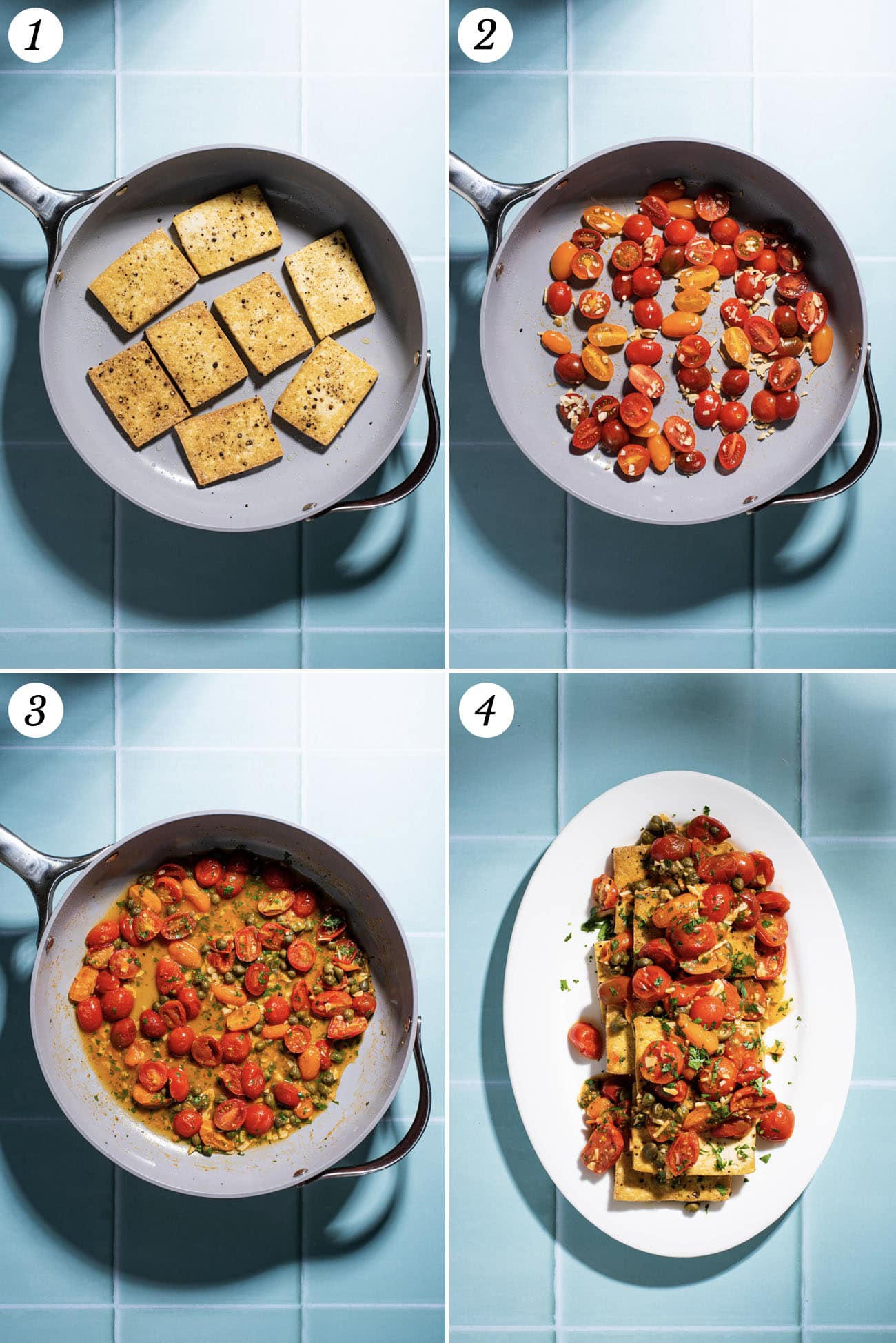 Step-by-step images showing how to make Italian tomato tofu.
