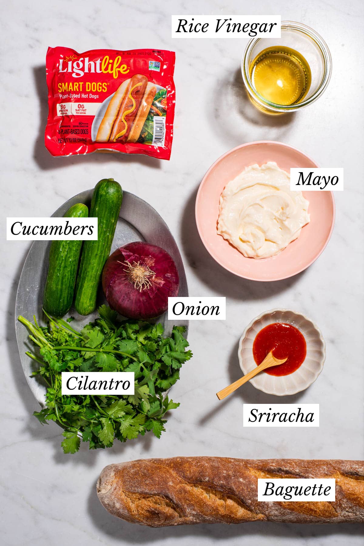 Ingredients gathered to make plant-based hot dog banh mi sandwiches.