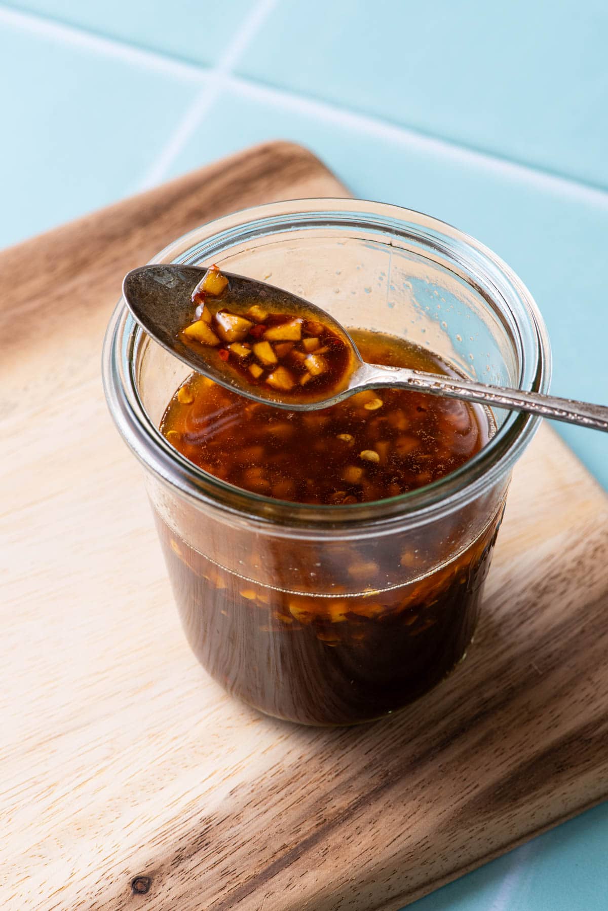 Homemade healthy stir fry sauce in a glass jar.