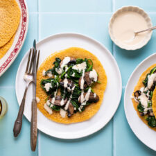 Red lentil pancakes filled with spinach and mushrooms.