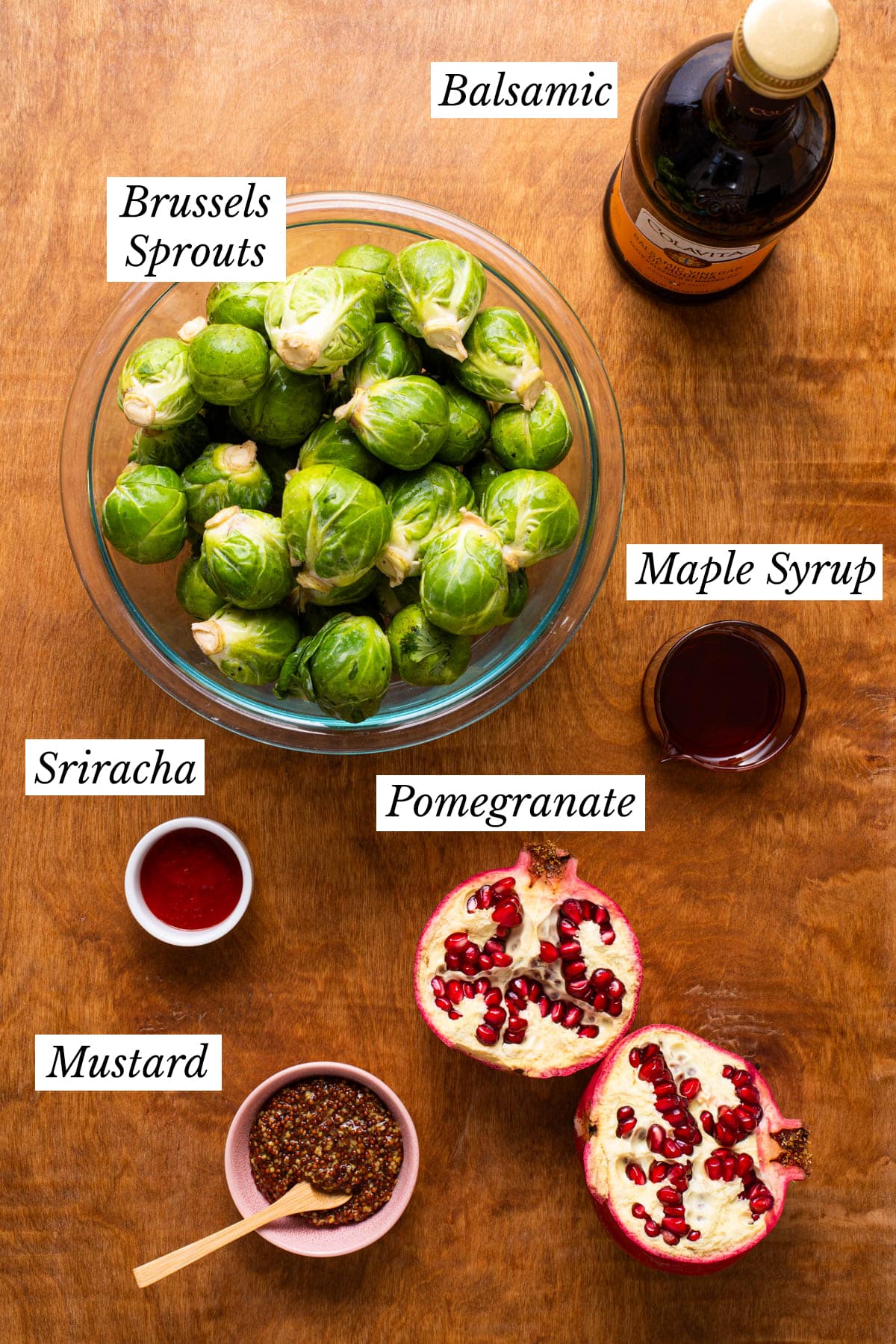 Ingredients gathered to make roasted balsamic Brussels sprouts.