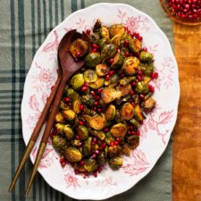 Charred balsamic Brussels sprouts with pomegranate.