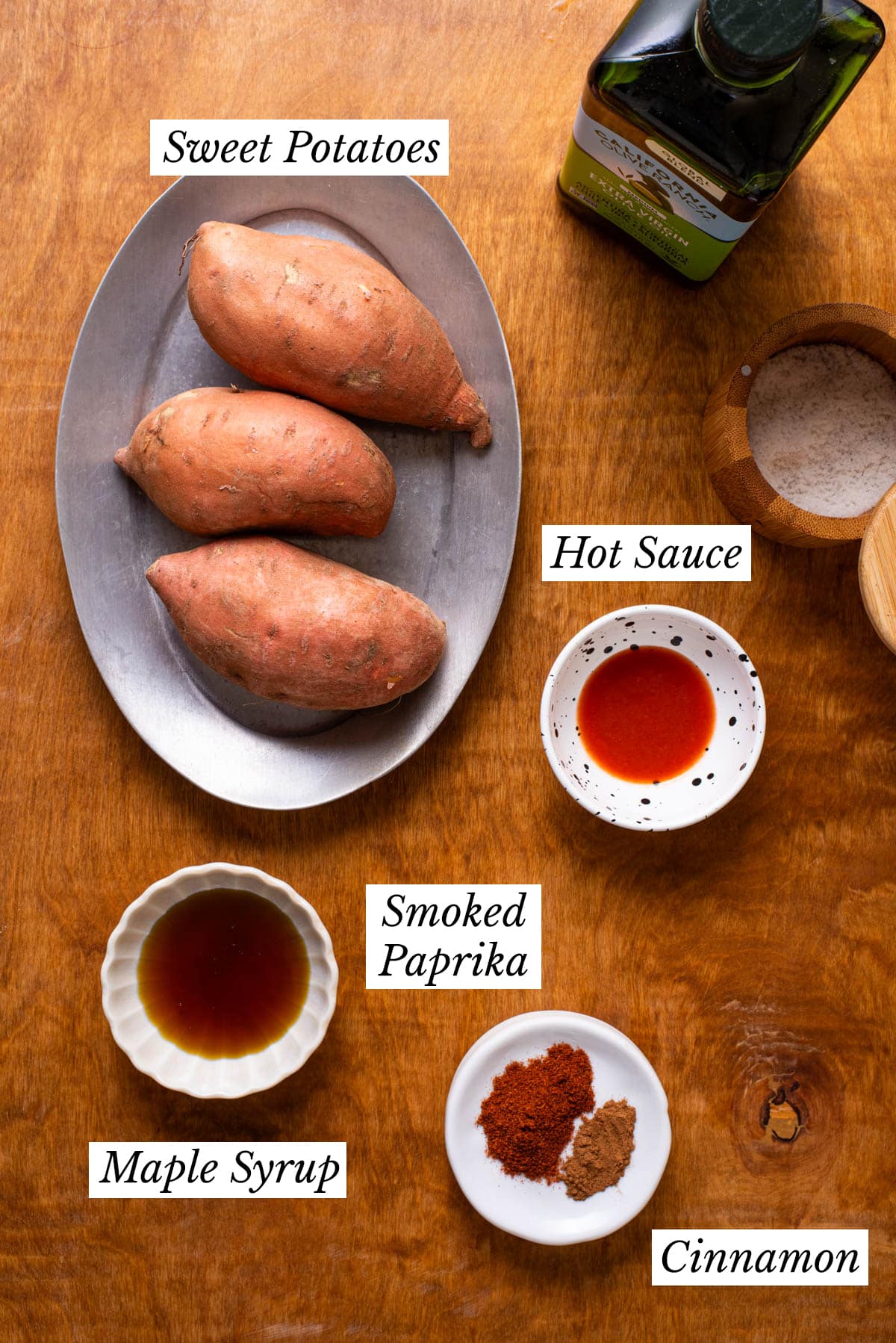 Ingredients gathered to make maple-glazed sweet potatoes.